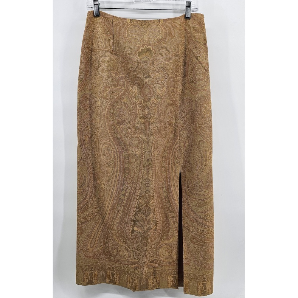 Talbots Maxi Skirt 10 Gold Brown Rose Paisley Silk Wool Blend Metallic Slit